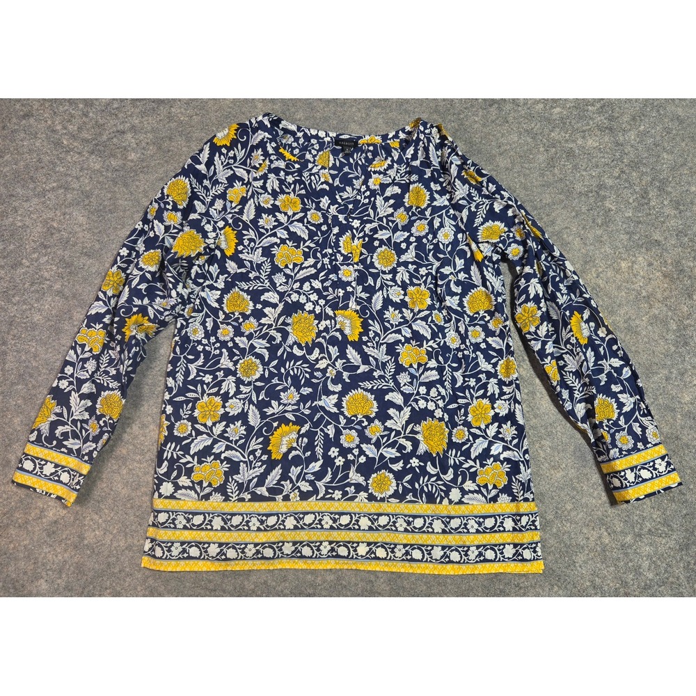 Talbots Womens Navy Blue Yellow Floral Cotton Split Neck Tunic Blouse Medium